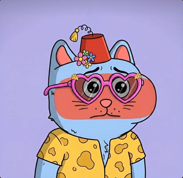 A cartoon illustration depicts a sad-looking cat wearing a fez hat decorated with flowers, large pink heart-shaped sunglasses, and a yellow patterned shirt against a purple background.