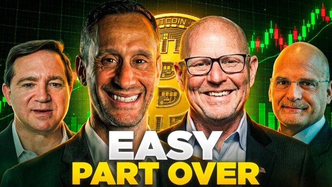 Four men pose in front of a Bitcoin logo with candlestick charts and bold "EASY PART OVER" text, promoting a YouTube discussion about Bitcoin's strong August performance and the challenges ahead.