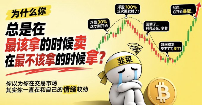 A Chinese-language meme about trading psychology, featuring a crying cartoon character labeled '韭菜' (leek, slang for retail investors) next to a candlestick chart and a Bitcoin coin.