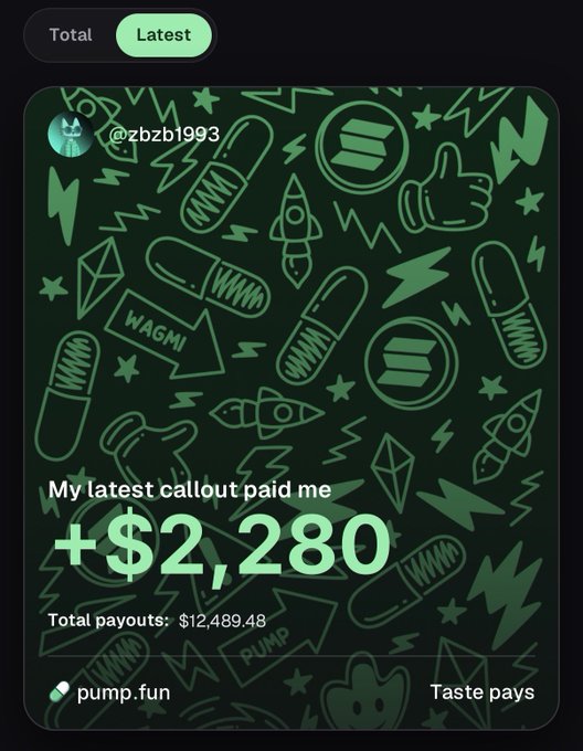 A screenshot from pump.fun showing user @zbzb1993 with text reading 'My latest callout paid me +$2,280' and 'Total payouts: $12,489.48' on a green patterned background.