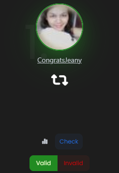 A profile interface shows a circular avatar of a smiling person with the username 'CongratsJeany' above buttons labeled 'Check', 'Valid', and 'Invalid'.