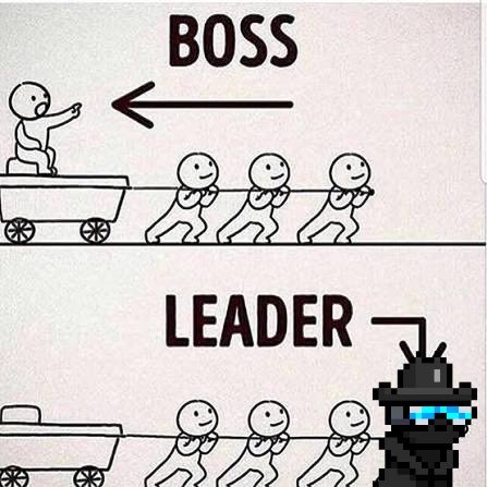 A two-panel comic-style meme contrasting a 'BOSS' (sitting in a cart being pulled by workers while pointing forward) with a 'LEADER' (pulling the cart alongside the workers), featuring a pixel-art character with blue sunglasses superimposed on the right.