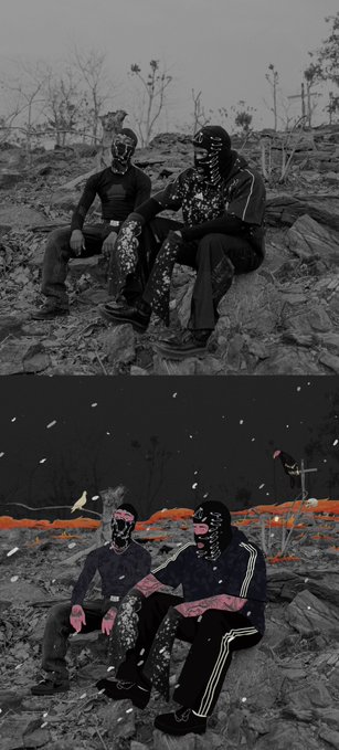 Two figures in masks sit on a rocky outcrop in a desolate landscape, presented as a triptych showing the original black-and-white photo, a painted version with pink and orange accents, and an animated iteration. The artwork accompanies the post "Good Morning Ashes Of Cold," a collaboration between the artist and @sumeyrayucee, featuring photo, painting, and animation processes.
