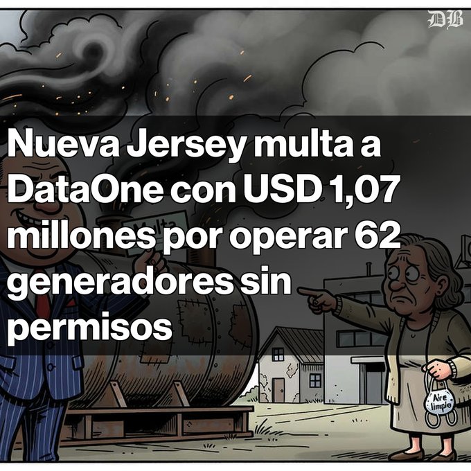 A cartoon-style illustration from El Bierzito showing the headline 'Nueva Jersey multa a DataOne con USD 1,07 millones por operar 62 generadores sin permisos', depicting an industrial scene with smoke and characters.