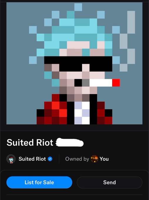 A digital collectible profile titled 'Suited Riot' showing a pixel-art character with blue hair, sunglasses, and a cigarette, with options to 'List for Sale' or 'Send.'