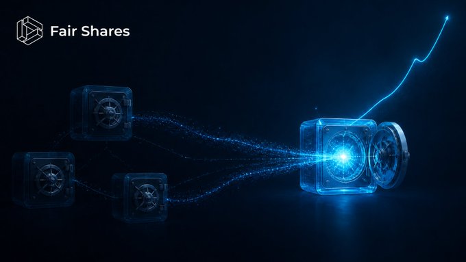 The image displays the text "Fair Shares" alongside an open safe on the right emitting a glowing upward-trending line, connected by streams of light particles to three closed safes on the left. The visual metaphor aligns with the caption's message — the closed safes represent idle treasuries and locked ownership, while the open safe with the ascending chart illustrates FairShares transforming these barriers into opportunities for staking, tokenized earnings, and direct participation.