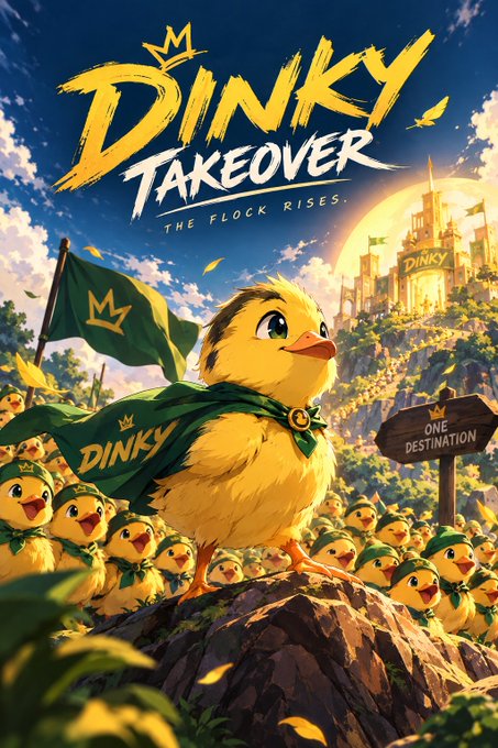 Movie poster style illustration titled 'DINKY TAKEOVER: THE FLOCK RISES', depicting a heroic chick wearing a green 'DINKY' cape holding a flag, with a sign pointing to 'ONE DESTINATION'.