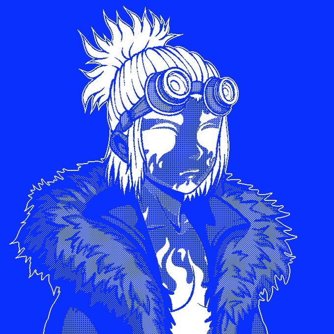 A blue-toned stylized illustration of a character with spiky hair, goggles on their forehead, and a fur-collared jacket.