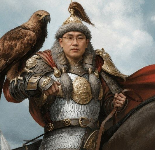 A man in elaborate armor with a fur-lined helmet and a large golden eagle perched on his shoulder embodies the spirit of a modern-day Genghis Khan, channeling the legendary conqueror’s regal presence and warrior aura. The image visually reinforces the caption by depicting a contemporary figure styled as a nomadic ruler of the steppe.