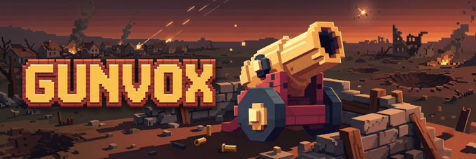 The image features a screenshot of the video game "GUNVOX" with an orange cannon located near the bottom left corner, surrounded by ruins and rubble. The surrounding area includes a gray sky and some buildings with smoke pouring out from them. A banner for "GUVENOX" is displayed on top of this chaos, with the game's name printed in large letters. There are also small bullet points below the banner that explain what to do within the game. It seems like the focus of the post is mainly about the gameplay experience and strategies involved in playing GunVox, with a comparison to real-life shooting scenarios.