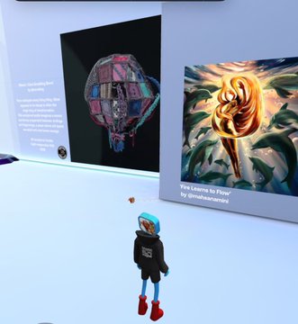 An avatar with blue hair stands in a virtual gallery showcasing two digital artworks displayed on floating screens, including one labeled "We Come to Flow" by @mihaisohanu and another featuring an intricate mechanical heart titled "How Uncanny And Scary," representing the artist's featured piece at the Metaverse Gallery during the Blockchain Futurist Conference.