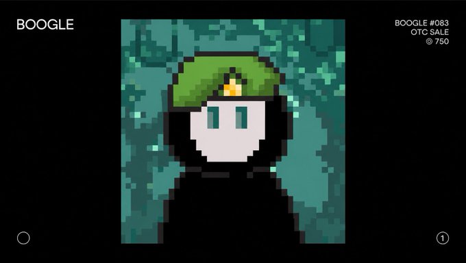 The image is a pixel art character from a "BOOGLE" NFT collection (item #083) featuring a hooded figure with a green cap and bandana set against a dark green background, with the caption noting an "OTC SALE" at ◎ 750. The post relates to this as a rallying cry for the "ghost crew" community, positioning BOOGLE holders as resilient "chads" ready to ride through both bullish and bearish markets.