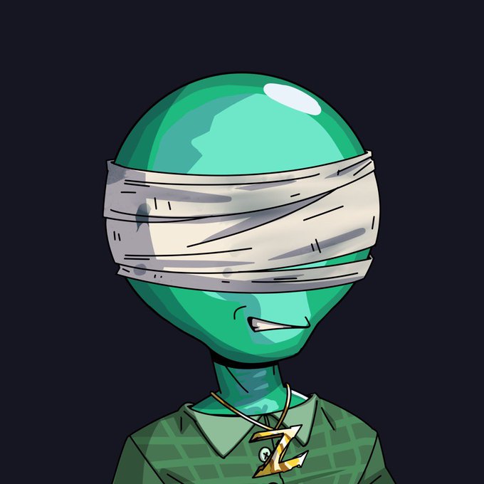 A cartoon illustration of a green alien-like character with a large glossy head, wearing a blindfold over their eyes and a green shirt with a gold 'Z' pendant necklace.