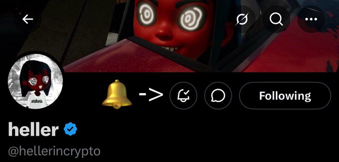 A Twitter/X profile page for 'heller' (@hellerincrypto) with a blue verification checkmark and a 'Following' status, featuring an avatar of a stylized red character with spiral eyes.