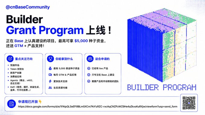 The image is a promotional graphic from @cnBaseCommunity announcing the launch of the "Builder Grant Program," offering up to $5,000 in seed funding plus GTM and product support for projects being built on Base, with focus areas including prediction markets, token launchpads, consumer apps, agents, and DeFi. The graphic features a colorful 3D block visualization on the right and a Google Forms application link at the bottom.