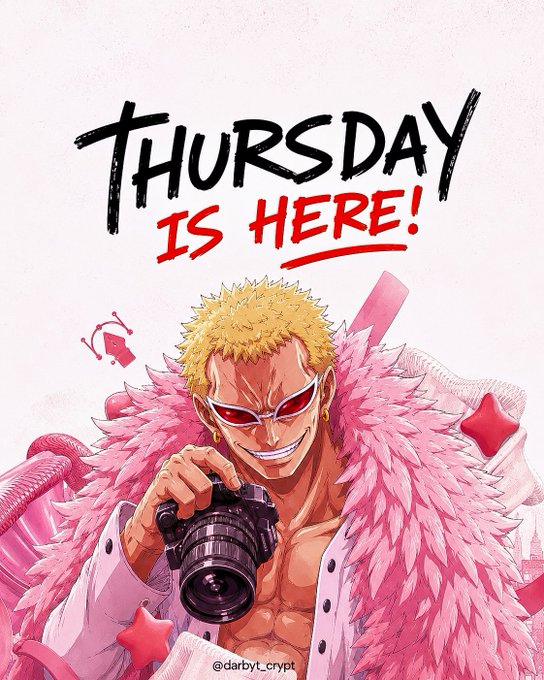 An illustrated anime-style character with blonde hair, red sunglasses, and a pink feathered coat holds a camera, with the text 'THURSDAY IS HERE!' and the handle '@darbyt_crypt'.