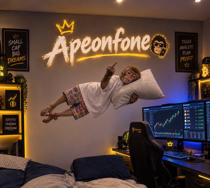 A monkey wearing a white shirt and colorful shorts appears to float while holding a pillow in a trading-themed room featuring a neon 'Apeonfone' sign, crypto trading posters, and a monitor displaying stock charts.