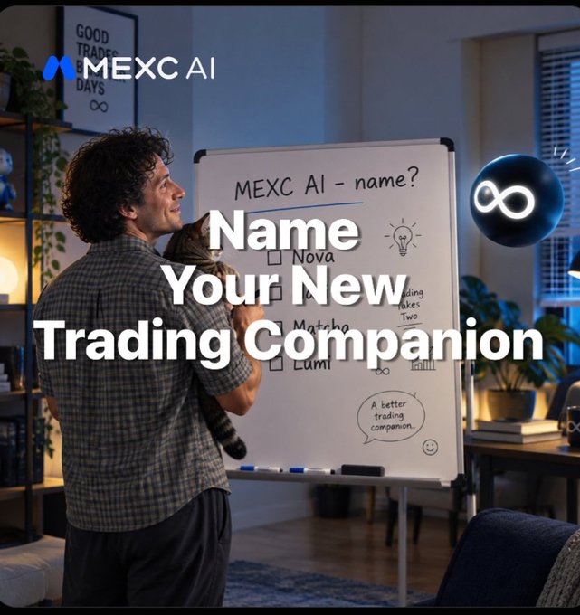 A promotional graphic for MEXC AI with the text 'Name Your New Trading Companion' showing a man looking at a whiteboard listing potential AI names like Nova, Match, and Lumi.