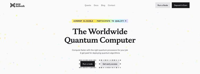 A website screenshot for "GRID Network" featuring a headline "The Worldwide Quantum Computer" with buttons to "Run a node" and "Get early access."