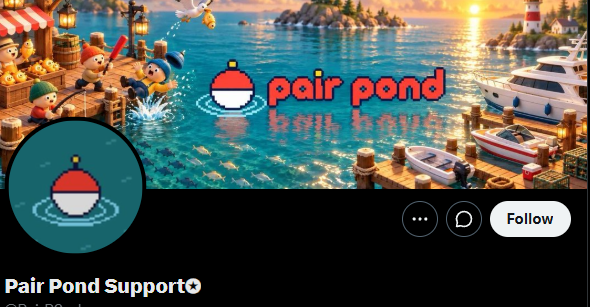 A screenshot of a Twitter/X profile for 'Pair Pond Support' (@PairPond), featuring a pixel art header of a fishing village and a profile picture of a red and white fishing bobber.