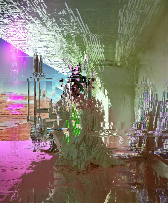 The image features a room with a large, distorted sculpture of a woman made entirely out of pixelated images. The sculpture appears to be floating in mid-air, giving an impression of surrealism. The room itself has a pinkish hue, which contrasts with the white and green elements within it. There are several chairs scattered throughout the space, adding to the overall disorienting atmosphere. The image also contains text that reads "I have just collected Shelter by @Daria_Rastunina on @objktcom".