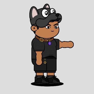 Cartoon illustration of a young character wearing black clothing and a raccoon-style hat with ears and eyes.