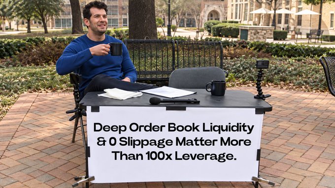 A man in a blue sweatshirt sits outdoors holding a coffee mug behind a sign that reads 'Deep Order Book Liquidity & 0 Slippage Matter More Than 100x Leverage,' with a coffee mug, papers, and a phone on the surface.