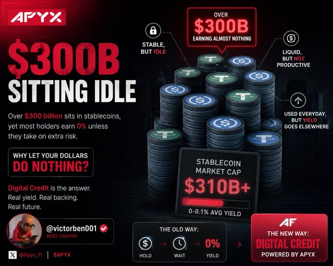 An infographic titled 'APYX' promotes 'Digital Credit' over stablecoins, highlighting '$300B SITTING IDLE' and a 'STABLECOIN MARKET CAP $310B+' with branding '@victorben001' and '@Apyx_Fi'.