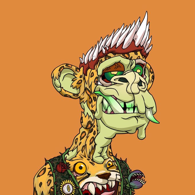 The image features a cartoon character wearing a leopard print outfit that includes a helmet and goggles. The character has a face painted white, giving them an evil or scary appearance. They are standing against a bright orange background with a green leaf pattern. The caption of the image reads "Greetings to all my Chinese @Bored ApeYC friends! Nice to meet everyone, looking forward to connecting with you all".