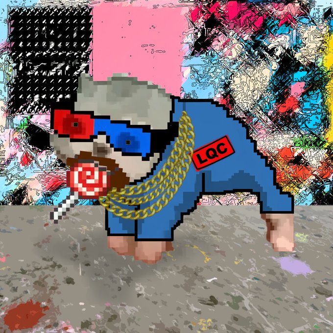 Pixel art style illustration of a character in a blue outfit with gold chains, red sunglasses, and a red 'LQC' label, set against a chaotic abstract painted background.