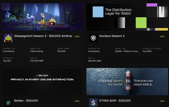 A dashboard displays multiple Web3 airdrop campaigns including Sleepagotchi Season 3 ($50,000), Nucleus Season 3, Beldex ($50,000), and ETHRA SHIP ($30,000).