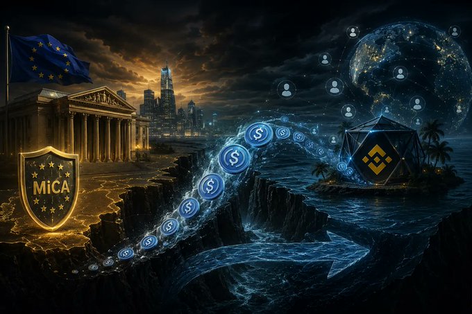 The image illustrates a regulatory divide in the crypto landscape, featuring a European MiCA shield alongside a classical building and EU flag on the left, contrasted with a Binance logo on a tropical island on the right, while a stream of USDC tokens flows between them beneath a network of user icons—visually reinforcing the narrative of $1.8 billion in USDC outflows from Binance following its MiCA compliance setback.