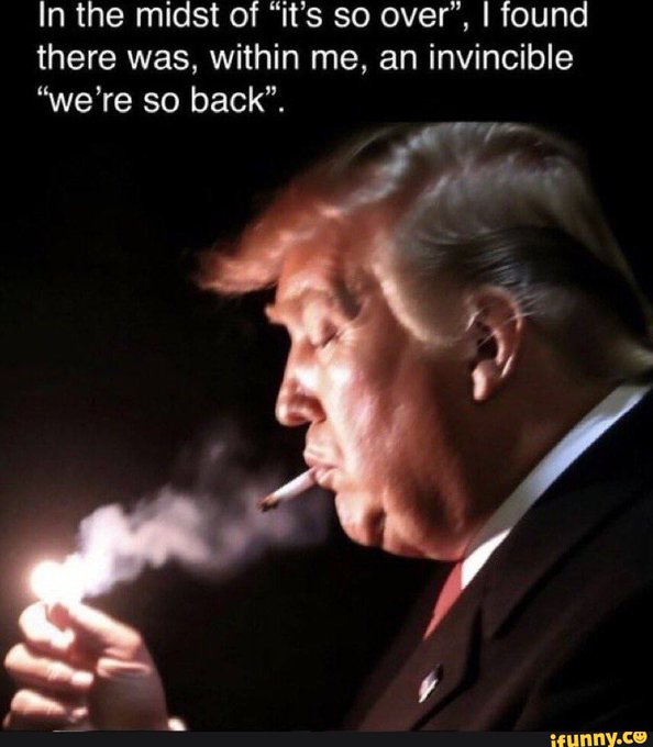 A side-profile photo shows a distinguished older man in a dark suit lighting a cigarette, with smoke curling upward as a flame illuminates his face. The text overlay reads: "In the midst of 'it's so over', I found there was, within me, an invincible 'we're so back'." The image ties to the post about "The golden bull" by evoking a sense of steadfast, bullish optimism amid doubt—suggesting resilience and a comeback mentality in the face of bearish sentiment.