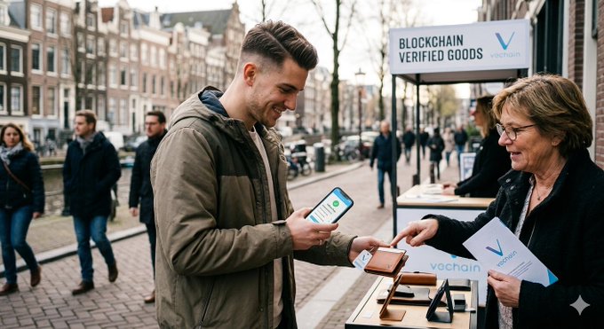 A man uses his smartphone to scan a blockchain-verified product at an outdoor "BLOCKCHAIN VERIFIED GOODS" booth featuring the VeChain (VET) logo, illustrating the cryptocurrency's real-world compliance with EU MiCAR regulations and its role in Europe's new Digital Product Passport system.