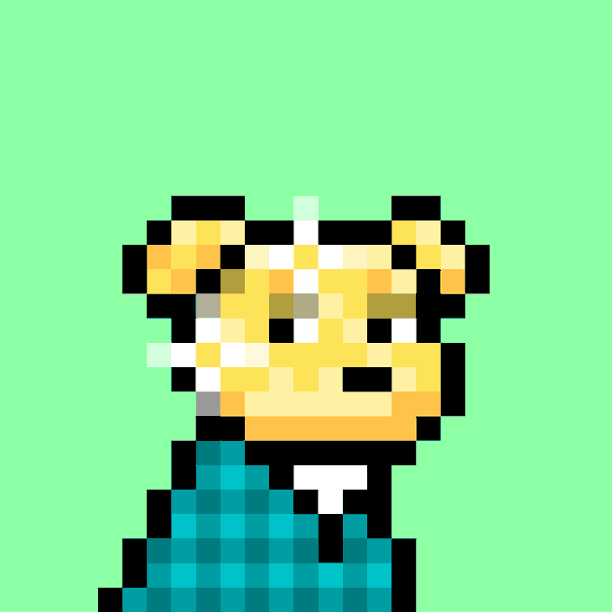 A pixel art illustration of a blonde, dog-like character wearing a green outfit against a light green background.