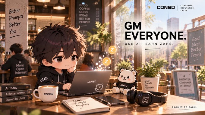 A promotional banner reading "GM EVERYONE. USE AI. EARN ZAPS" by CONSO featuring an anime-style character working on a laptop in a cozy cafe setting.