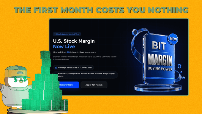 The image is a promotional graphic for Bit Margin Buying Power, announcing "U.S. Stock Margin Now Live" with a limited-time offer of 0% interest from June 26 – July 30, 2026, and "THE FIRST MONTH COSTS YOU NOTHING" displayed in bold yellow text above a mascot with stacks of money. It supports the post by highlighting how BIT's new margin feature eliminates interest costs during the initial month, addressing the trader's frustration with high margin fees.