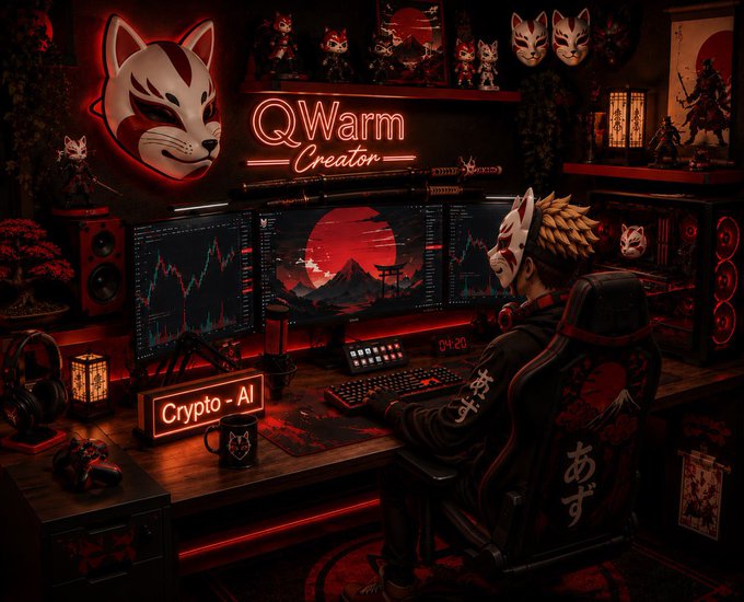 A person wearing a fox mask works at a multi-monitor trading setup displaying cryptocurrency charts, with neon signs reading "QWarm Creator," "Crypto - AI," and "あず" visible in the dark, red-lit room filled with fox-themed figurines—fitting the post's GM message about staying motivated for an upcoming crypto airdrop ("pay thuật toán") payout.