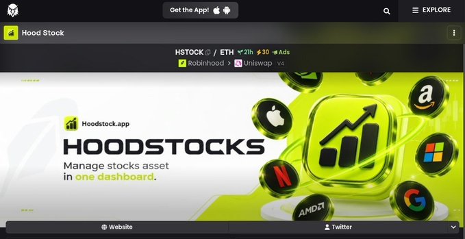 A screenshot of a Hood Stock promotional page showing 'HOODSTOCKS - Manage stocks asset in one dashboard,' with various company logos (Apple, Amazon, Google, Netflix, AMD, Microsoft) and pricing showing HSTOCK at ETH 0.02.