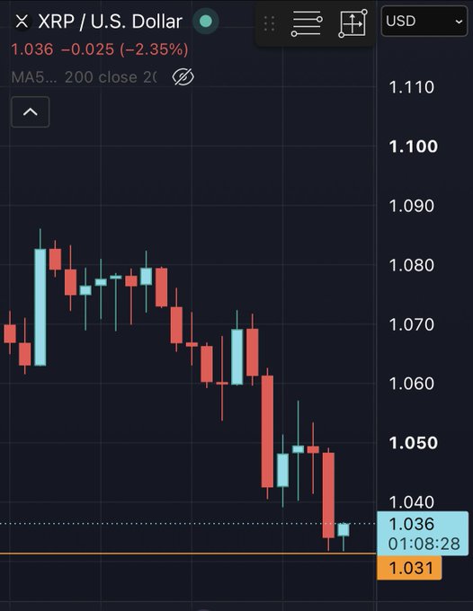 A candlestick chart displays XRP/U.S. Dollar trading at $1.036, down 2.35%, with the recent low touching $1.031—aligning with the post's claim of XRP hitting "1.03" and the numerological "13" pattern noted by the author.