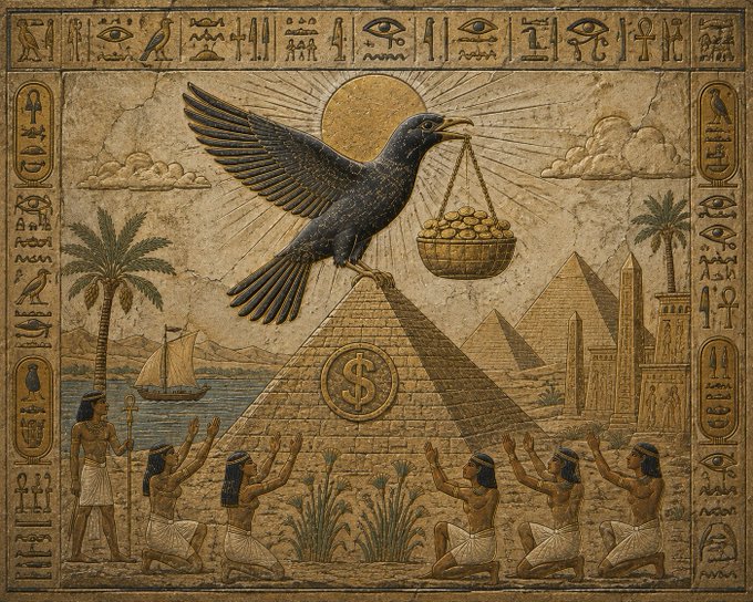 An Egyptian-style relief carving depicts a large bird with a basket of gold coins perched on a pyramid marked with a dollar sign, surrounded by hieroglyphs and kneeling figures below, with pyramids and palm trees in the background.