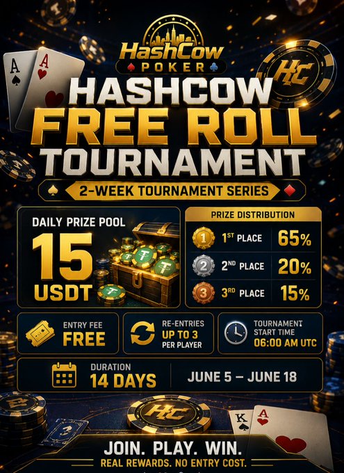 The image features a poster advertising a HashCow Poker tournament, which has been ongoing since June 5th through June 18th. The poster includes details about the daily prize pool, prizes distribution, and entry costs. It also highlights the free roll tournament series and encourages viewers to join in on the fun by playing, winning, or even entering for free.