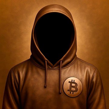 A stylized illustration of a hooded figure with a completely black, faceless void beneath the hood, wearing a brown leather hoodie featuring a Bitcoin (₿) logo emblem on the chest.