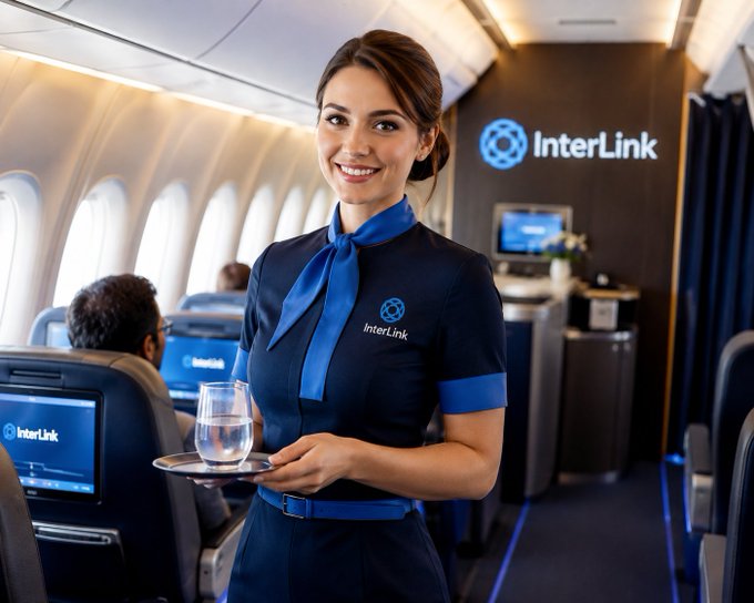 A smiling flight attendant in a navy and blue uniform holding a glass of water on a tray inside an airplane cabin branded with the "InterLink" logo.