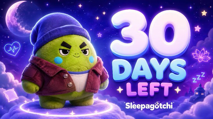 The image features a green stuffed animal character standing on top of a cloud with the number "30" written below him. The background of the image is purple and filled with stars, giving it a dreamy atmosphere. The caption at the bottom of the image reads, "What if your health data could do more than just sit on a dashboard? That'S the vision behind @sleepagotchi". This phrase suggests that the image promotes an idea related to AI-driven sleep insights and personalized wellness recommendations for users who want their health data to be used in a more meaningful way.