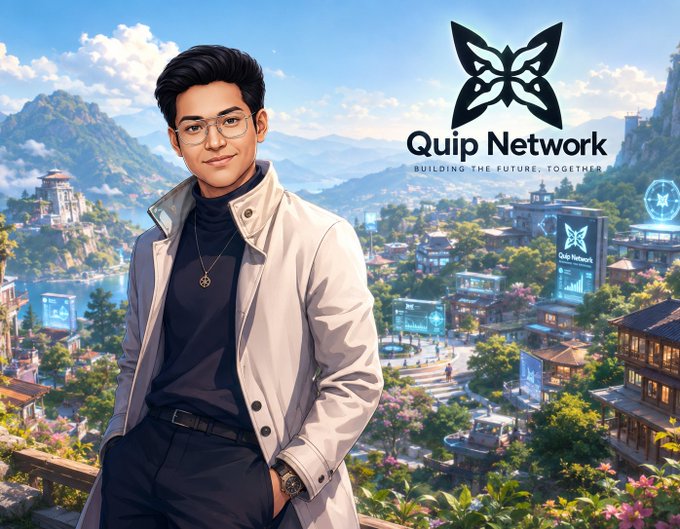 The image shows a man with glasses and a light jacket standing in a colorful animated city with the "Quip Network" logo and tagline "BUILDING THE FUTURE, TOGETHER" displayed above. The scene aligns with the post by showcasing Quip Network's presence at Quantum Tech World, where visitors built trading agents that triggered real network jobs, reflected in the vibrant, tech-forward cityscape behind him.