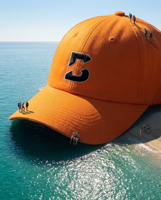 A giant orange baseball cap with the letter "C" sits on the shore while tiny people climb and gather around it, visually emphasizing the "whale" scale of life from the post. The towering cap dominates the scene, illustrating how small everyday things appear when comparing oneself to a massive whale.
