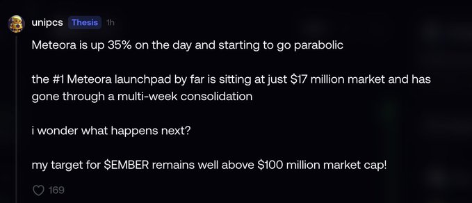 A Discord message from user 'unipcs' (with 'Thesis' tag) reading: 'Meteora is up 35% on the day and starting to go parabolic. the #1 Meteora launchpad by far is sitting at just $17 million market and has gone through a multi-week consolidation. i wonder what happens next? my target for $EMBER remains well above $100 million market cap!' with 169 reactions.