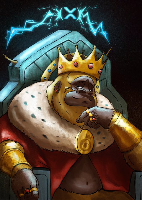A stylized illustration of a bearish lion wearing a golden crown and royal robes sitting on a throne, holding a coin, with a blue glowing symbol resembling a crown above its head.