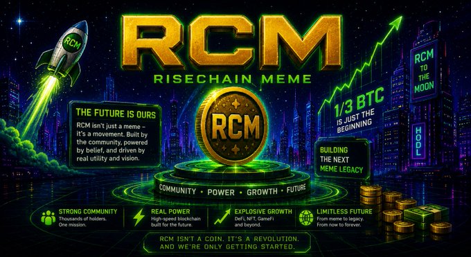 A vibrant promotional graphic for "RCM - RiseChain Meme" features a glowing golden coin and rocket against a neon cyberpunk cityscape, with bold claims like "1/3 BTC is just the beginning" and "RCM to the Moon" alongside the text "RCM isn't a coin. It's a revolution. And we're only getting started." The image's aspirational messaging of massive price targets contrasts with the post's cautionary tone, which emphasizes that RCM's future cannot be predicted or promised, and that true value comes from community adoption rather than hype-driven forecasts.